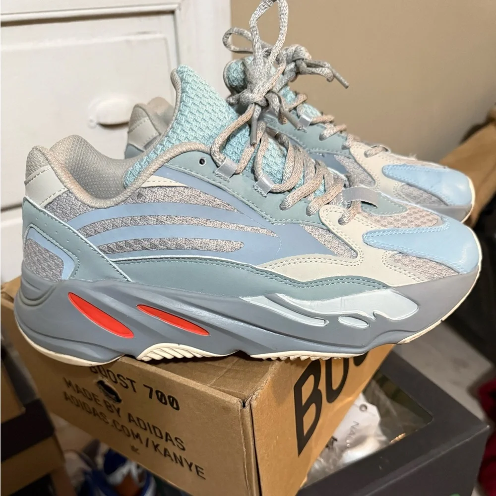 Adidas Yeezy Boost 700 in Light Blue and Gray with Orange Accents - Picture 2 of 3